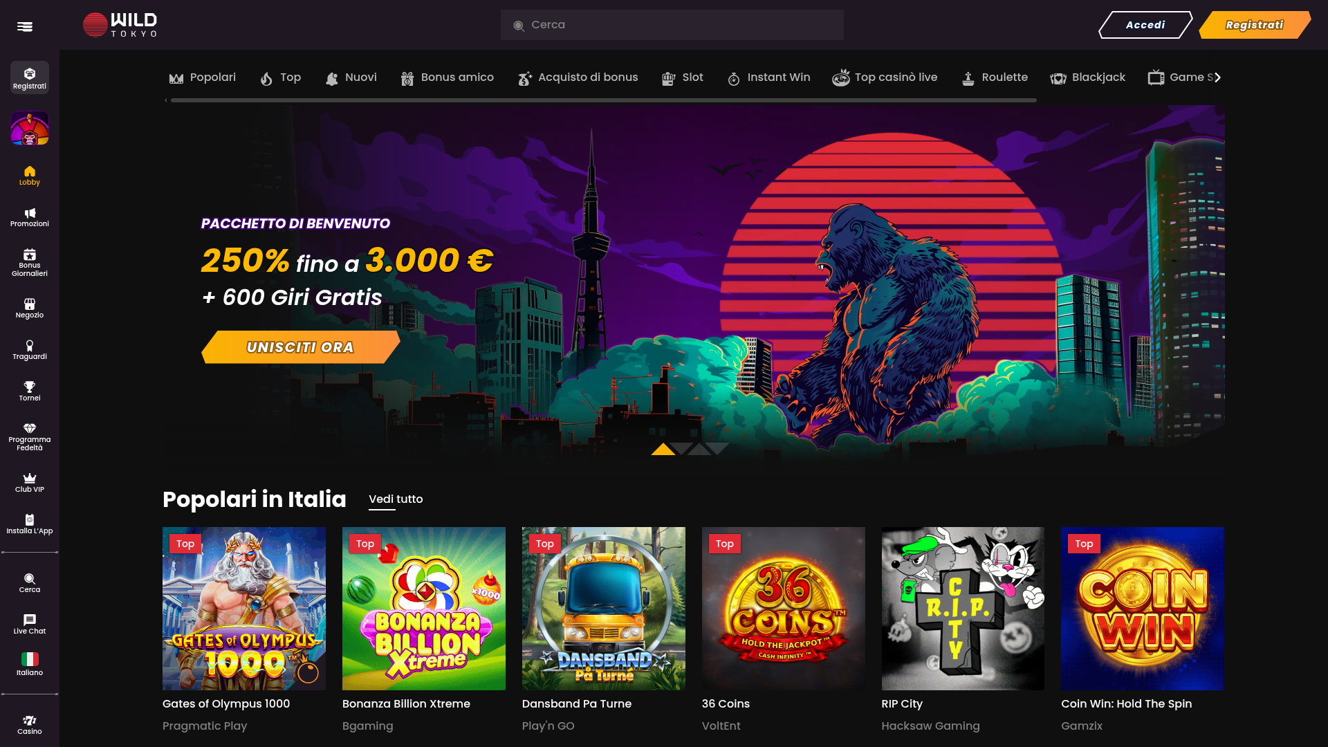 Screenshot della homepage di Wild Tokyo